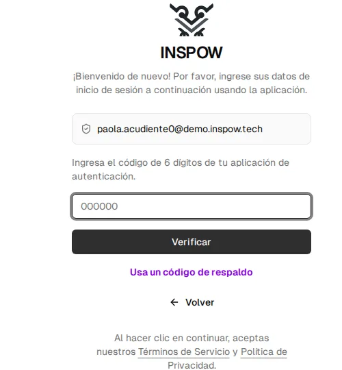 Paso de verificación al iniciar sesión: campo del código, Verificar y Usa un código de respaldo