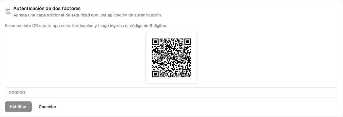Paso de activación: código QR, campo para el código de 6 dígitos y botones Habilitar y Cancelar
