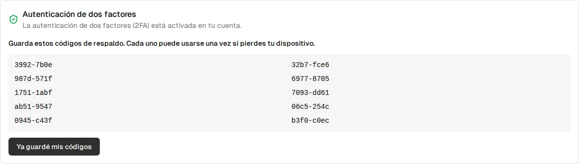Diez códigos de respaldo y el botón Ya guardé mis códigos