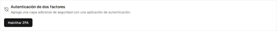 Sección Autenticación de dos factores con el botón Habilitar 2FA