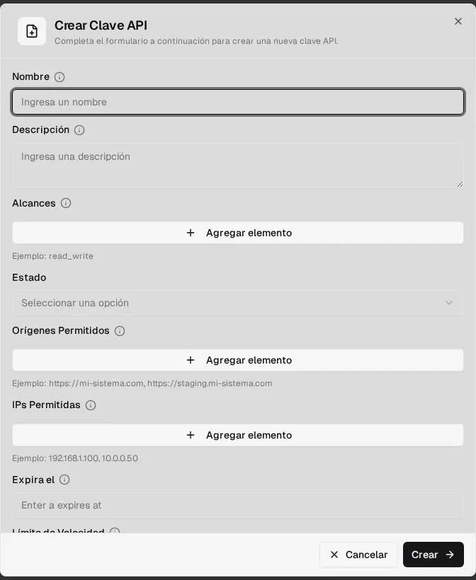 Formulario Crear Clave API: nombre, descripción, alcances, estado, orígenes e IPs permitidas y fecha de expiración