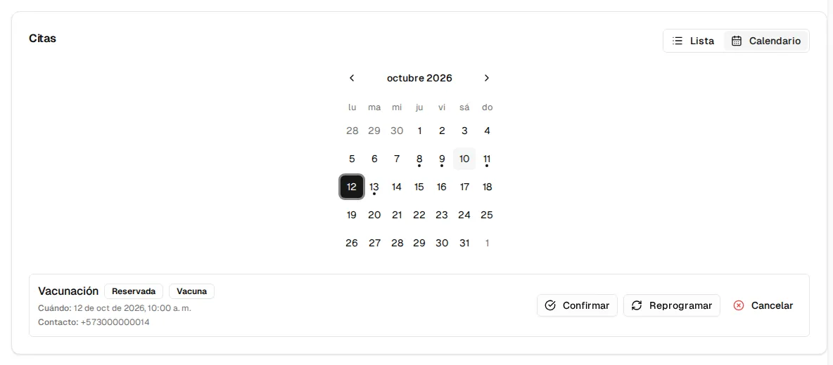 Vista de calendario con los días que tienen citas marcados y las citas del día elegido