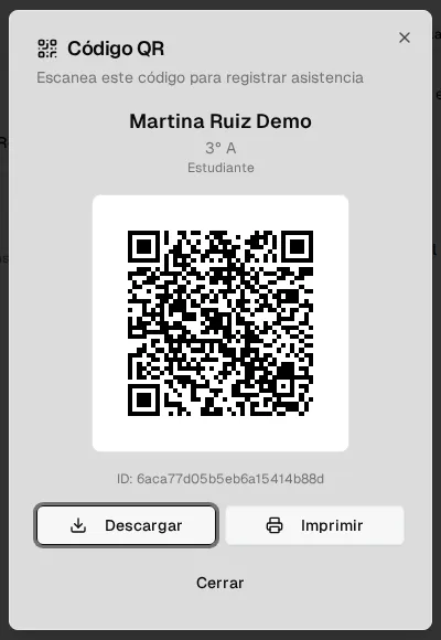 Diálogo Código QR con el nombre del beneficiario, su grado y los botones Descargar e Imprimir