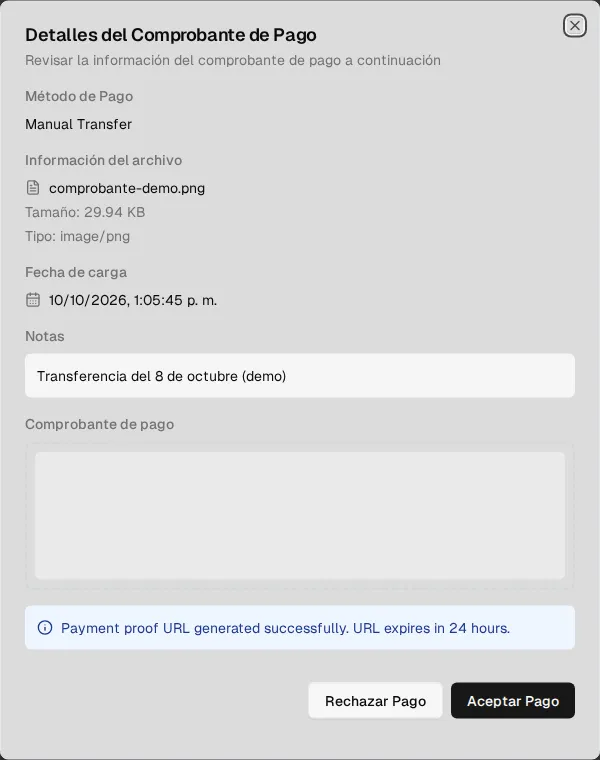 Payment Voucher Details: method, file information, upload date, notes and the Reject Payment and Accept Payment buttons
