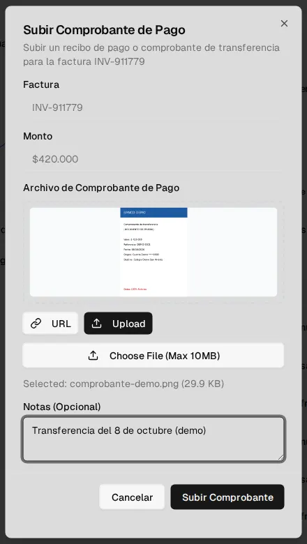 Upload Payment Proof dialog: invoice, amount, proof file and notes