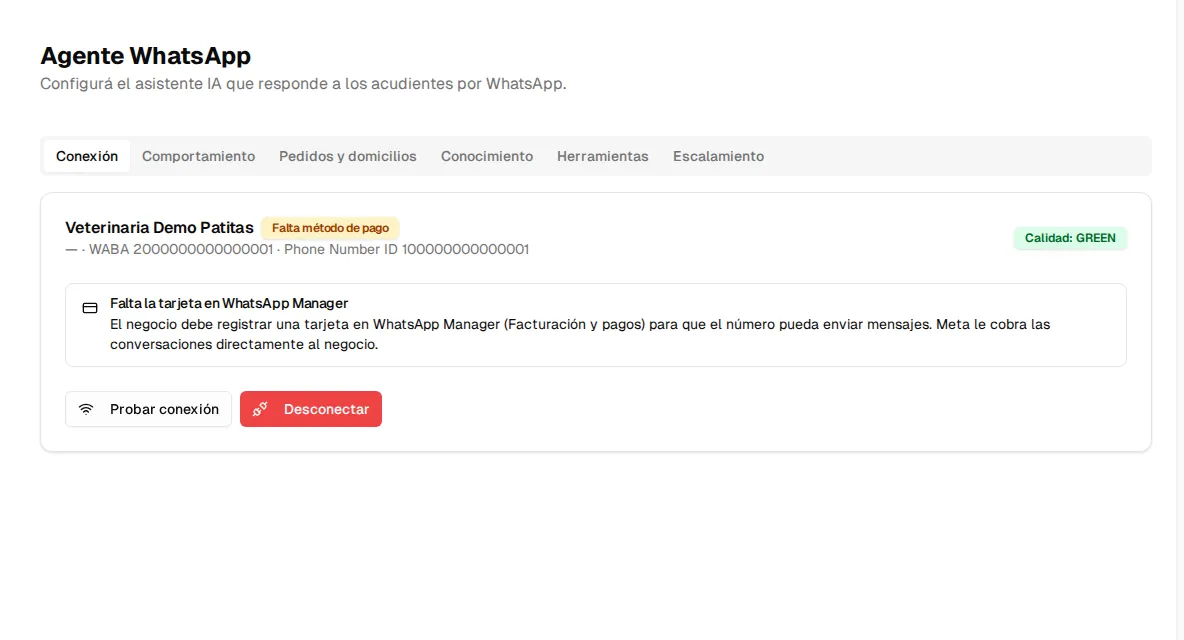 Aviso «Falta la tarjeta en WhatsApp Manager» sobre un canal en estado «Falta método de pago»