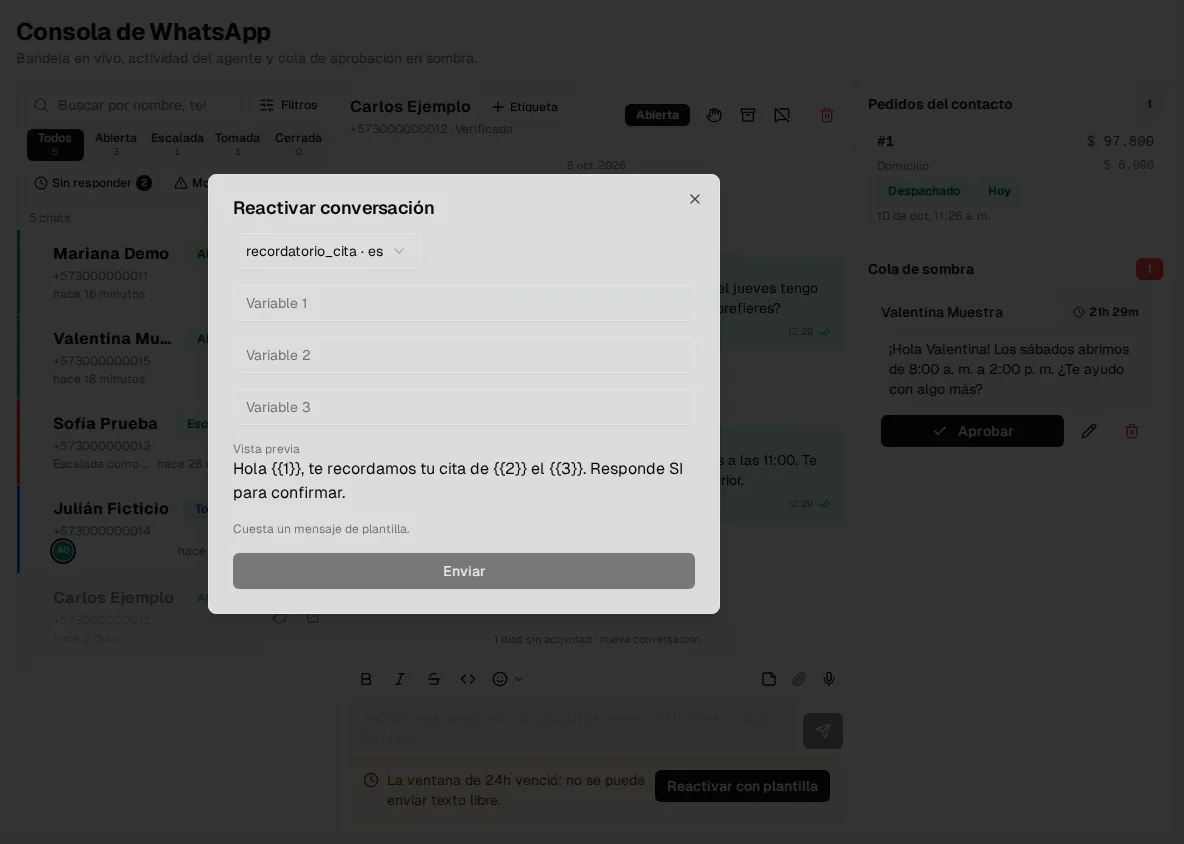 Diálogo «Reactivar conversación» con la plantilla elegida, sus variables y la vista previa