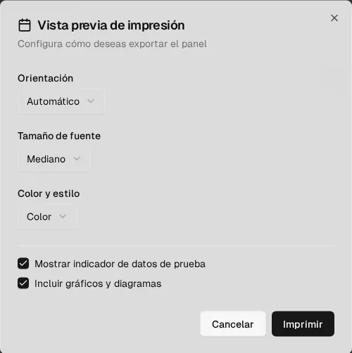 Vista previa de impresión del dashboard: orientación, tamaño de fuente, color y estilo, y opciones de gráficos
