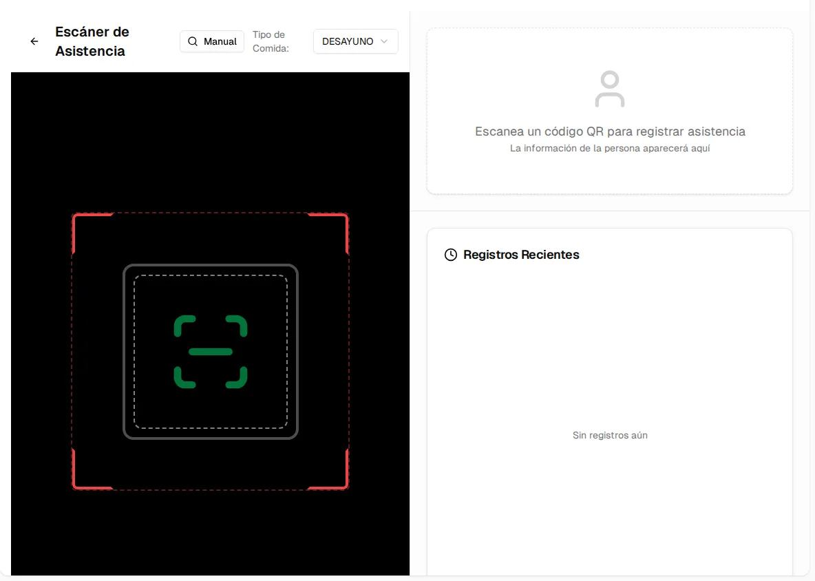 Escáner de Asistencia: botón Manual, selector de tipo de comida, visor de la cámara y panel de registros recientes