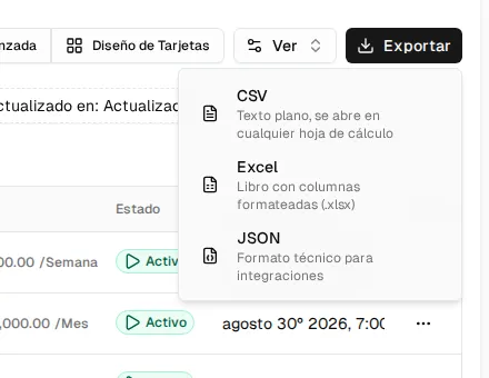 Export menu of a list with the CSV, Excel and JSON options
