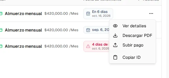 Menú de acciones de una factura pendiente: Ver detalles, Descargar PDF, Subir pago y Copiar ID
