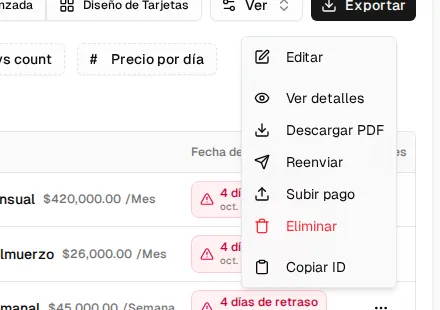 Actions menu of a pending invoice: Edit, View details, Download PDF, Resend, Upload payment, Delete and Copy ID