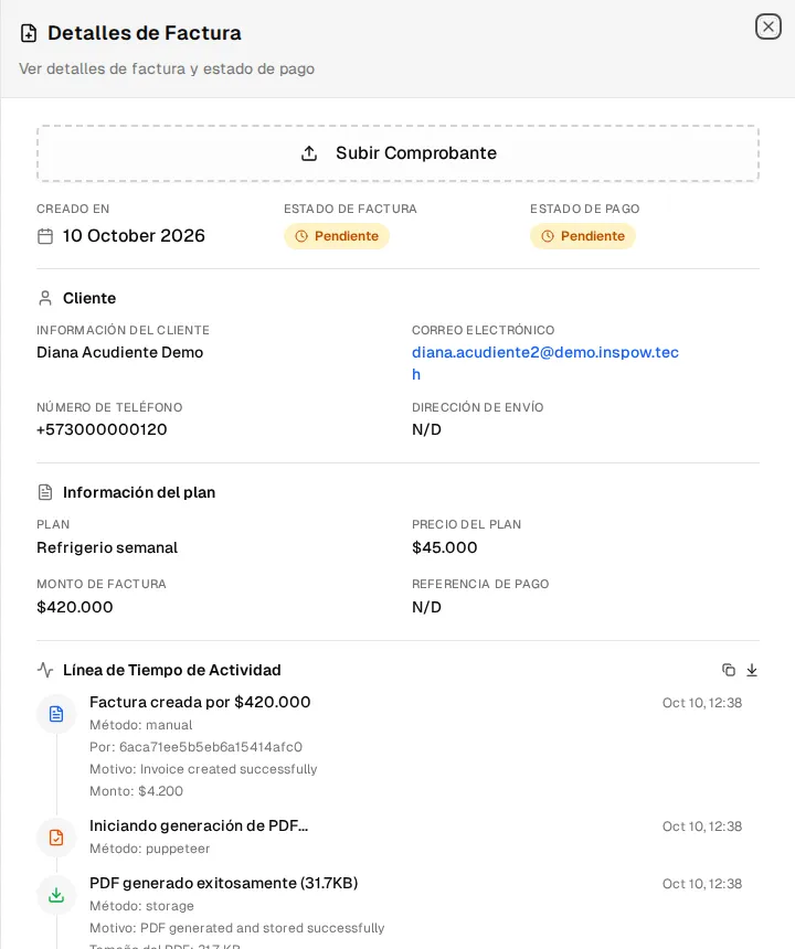 Invoice Details panel: Upload Proof button, invoice and payment status, client and plan details and the activity timeline