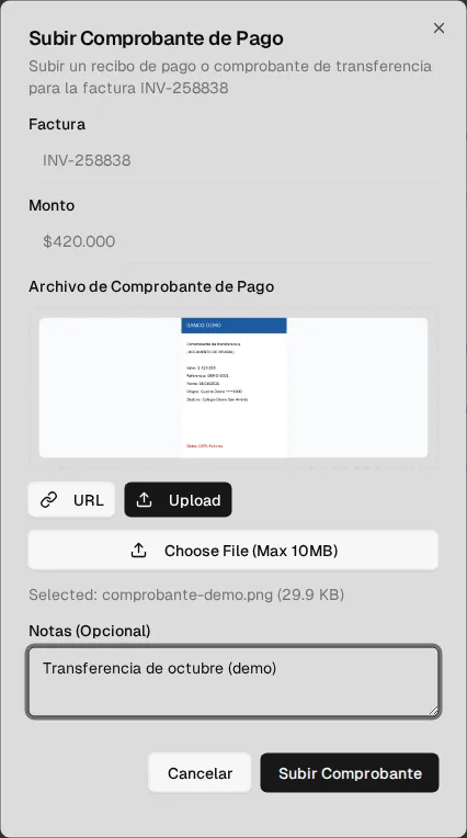 The Upload Payment Proof dialog: invoice, amount, payment proof file with preview and notes