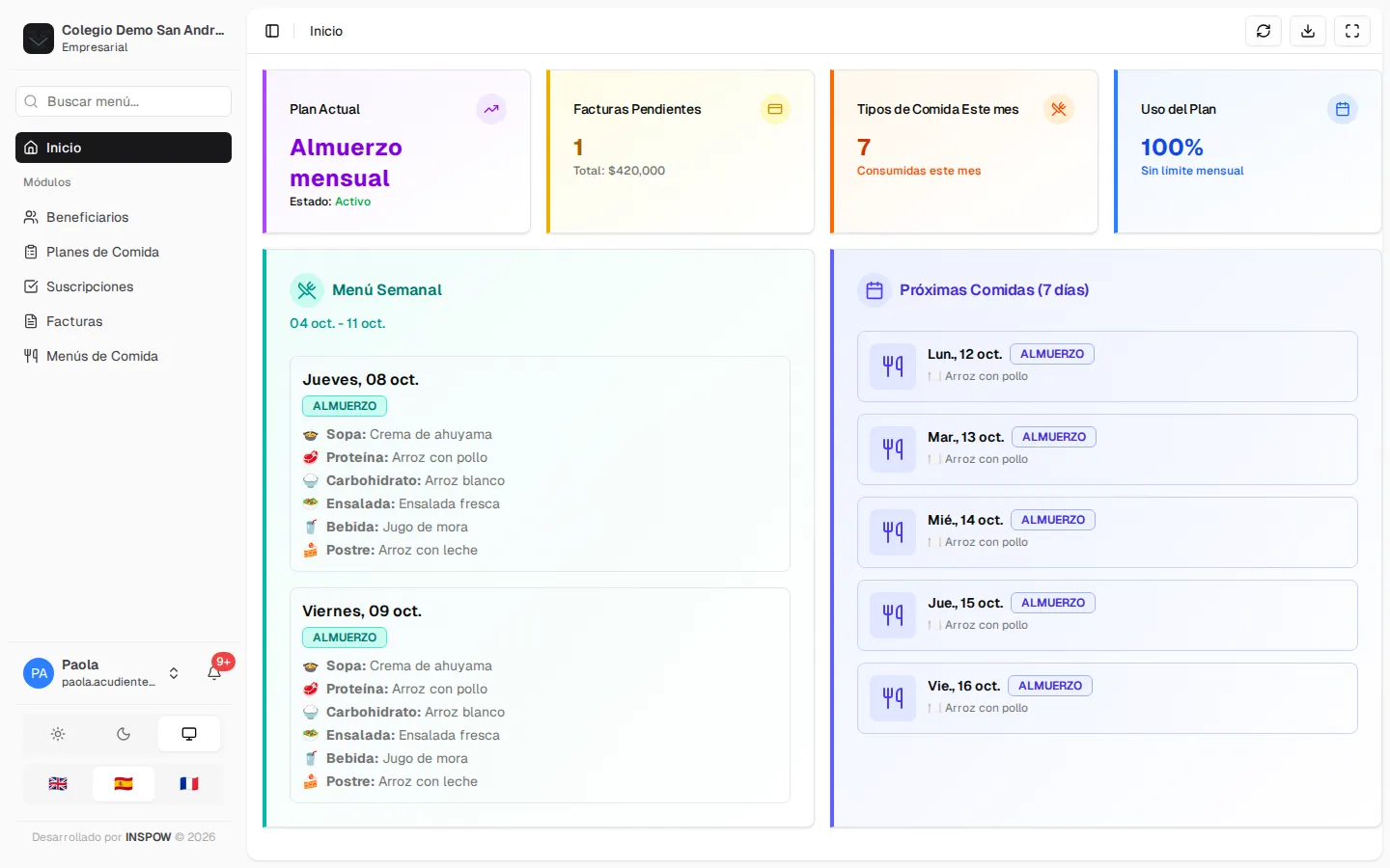 Pantalla de inicio de un acudiente: plan actual, facturas pendientes, comidas del mes, uso del plan, menú semanal y próximas comidas