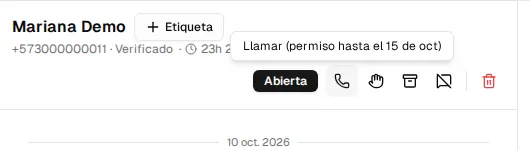 Botón de llamada en la cabecera del hilo con la indicación «Llamar (permiso hasta el 15 de oct)»