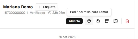 Botón «Pedir permiso para llamar» en la cabecera del hilo