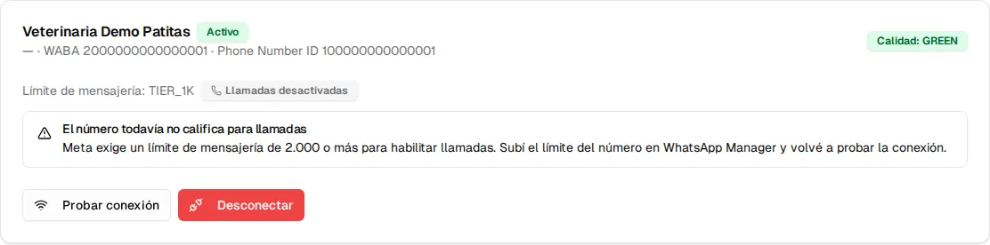 Pestaña Conexión con el límite de mensajería TIER_1K, la etiqueta Llamadas desactivadas y el aviso «El número todavía no califica para llamadas»