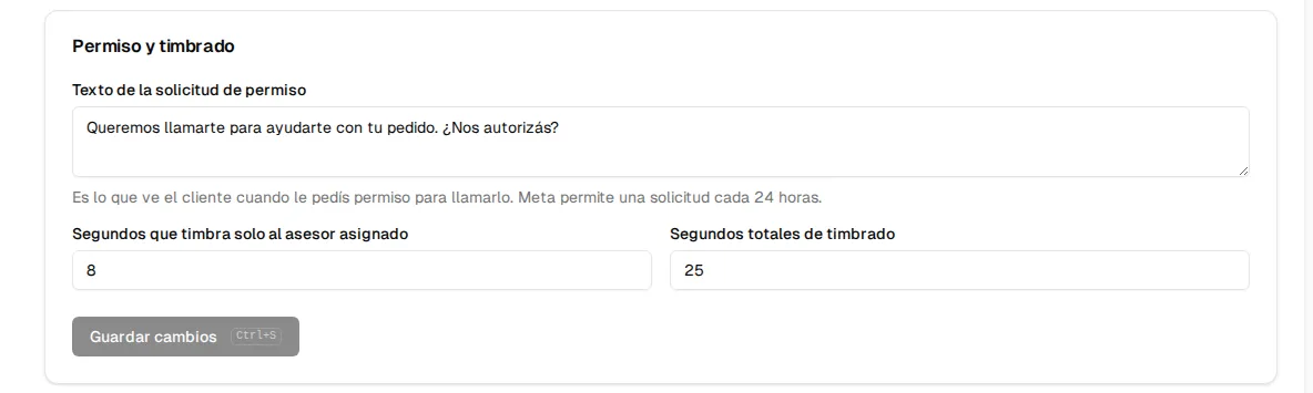 Tarjeta Permiso y timbrado: texto de la solicitud de permiso, segundos que timbra solo al asesor asignado y segundos totales de timbrado