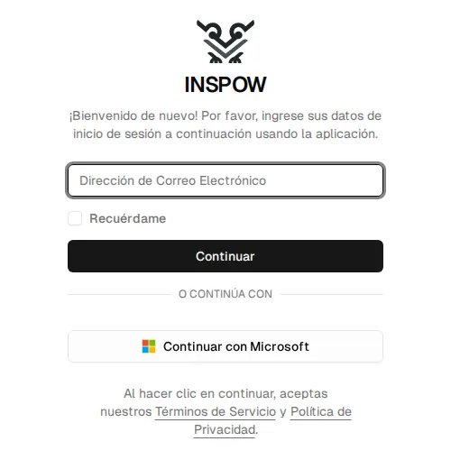 Pantalla de inicio de sesión: campo de correo, Recuérdame, Continuar y Continuar con Microsoft