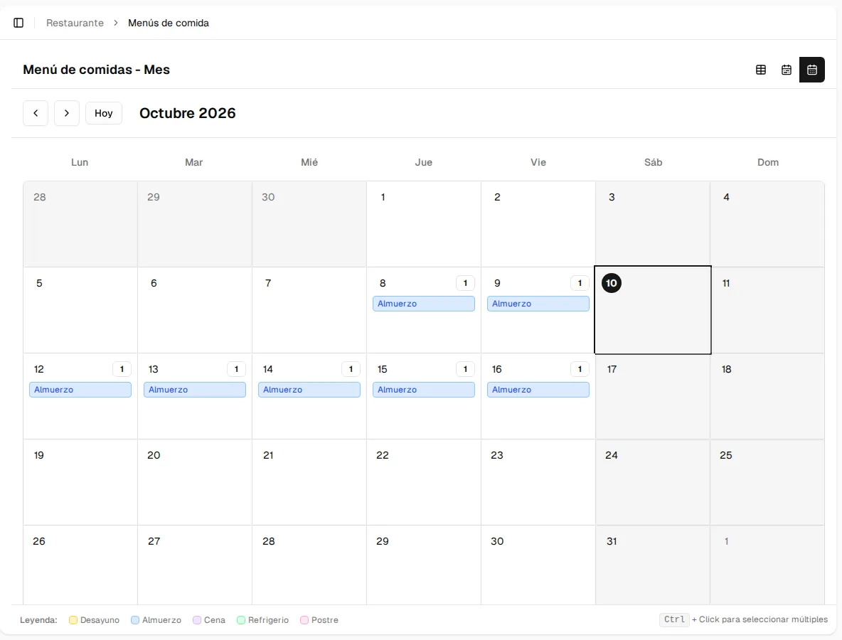 Vista mensual del menú con los almuerzos marcados en el calendario