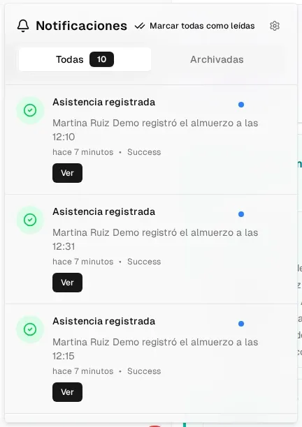 Panel de notificaciones con avisos de asistencia registrada, las pestañas Todas y Archivadas y Marcar todas como leídas