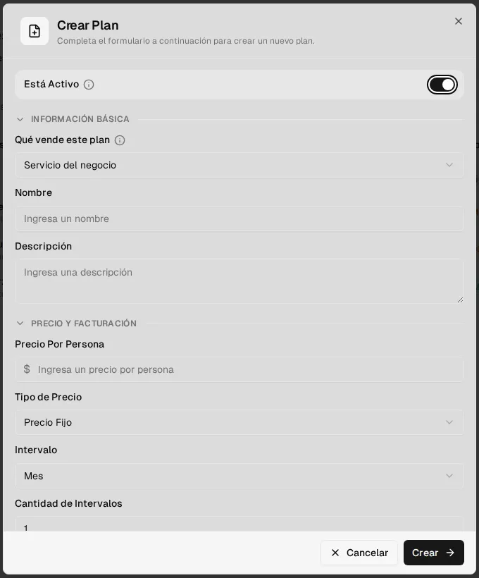 Create Plan form, top part: Is Active switch, basic information and price