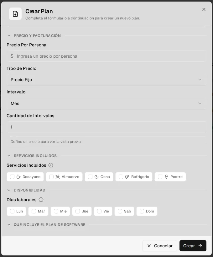 Create Plan form, bottom part: pricing type, interval, included services and working days