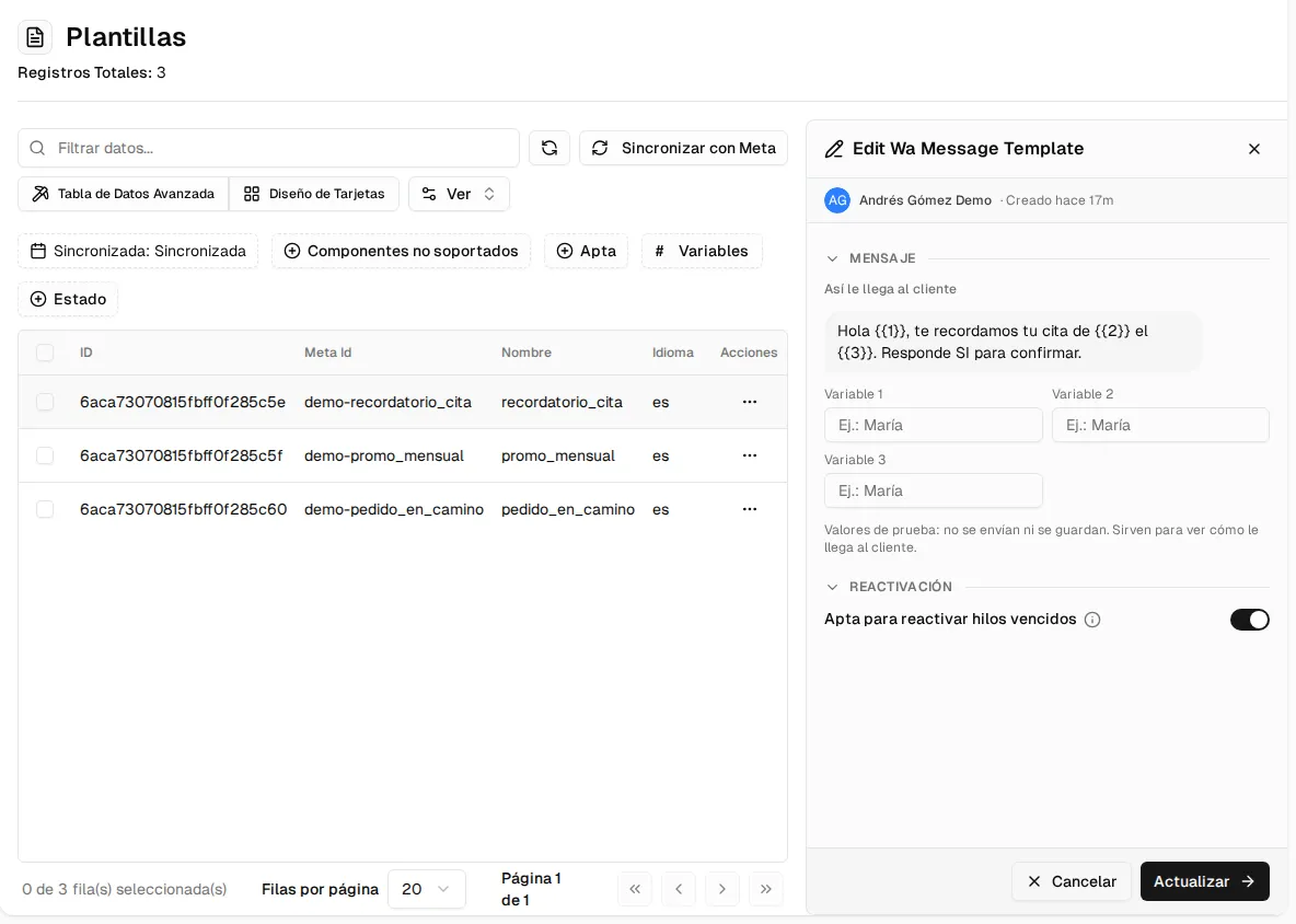 Edición de una plantilla: vista previa del mensaje, variables de prueba y el interruptor «Apta para reactivar hilos vencidos»