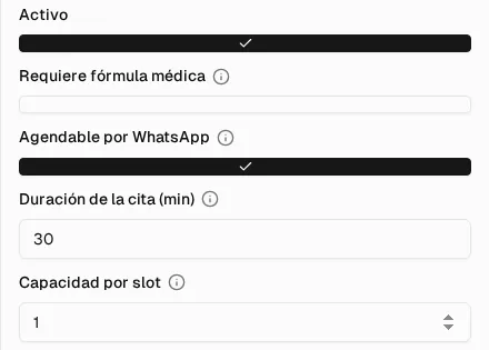 Campos de agendamiento de un producto: Agendable por WhatsApp, Duración de la cita y Capacidad por slot