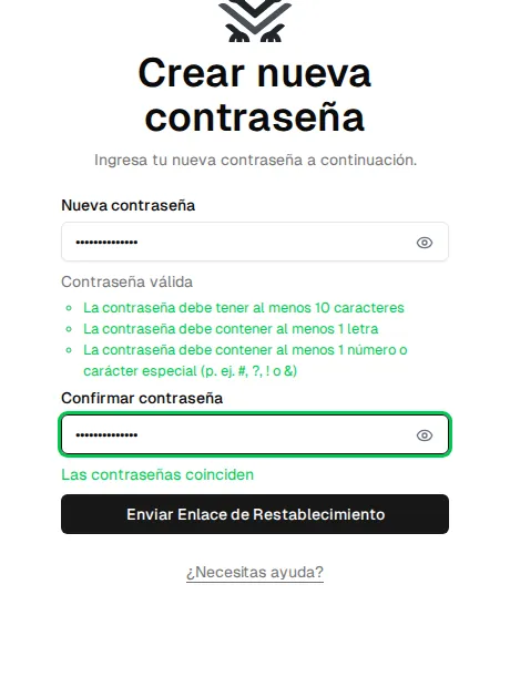 The "Create New Password" form with the requirements met in green and "Password matches"