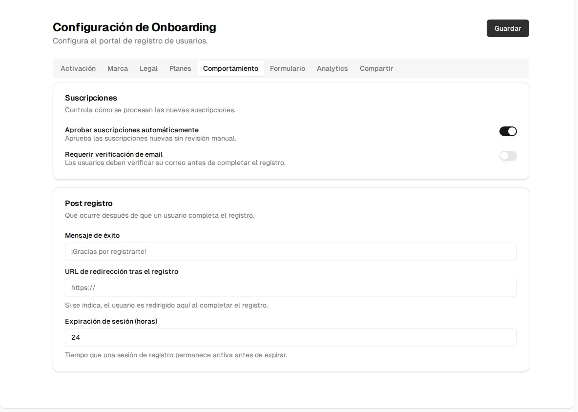 Behavior tab: automatic subscription approval, email verification, success message, redirect URL and session expiration