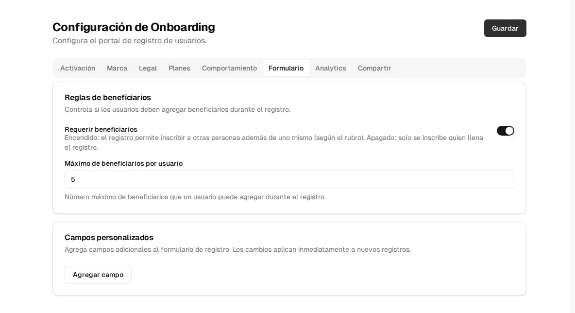 Form tab: Require beneficiaries switch, max beneficiaries per user and custom fields