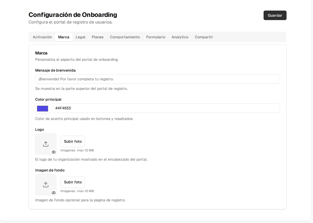 Pestaña Marca de la configuración del registro público: mensaje de bienvenida, color principal, logo e imagen de fondo