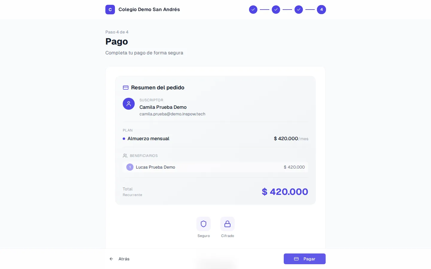 Payment step: order summary with the subscriber, the plan, the beneficiaries and the recurring total, and the Pay button
