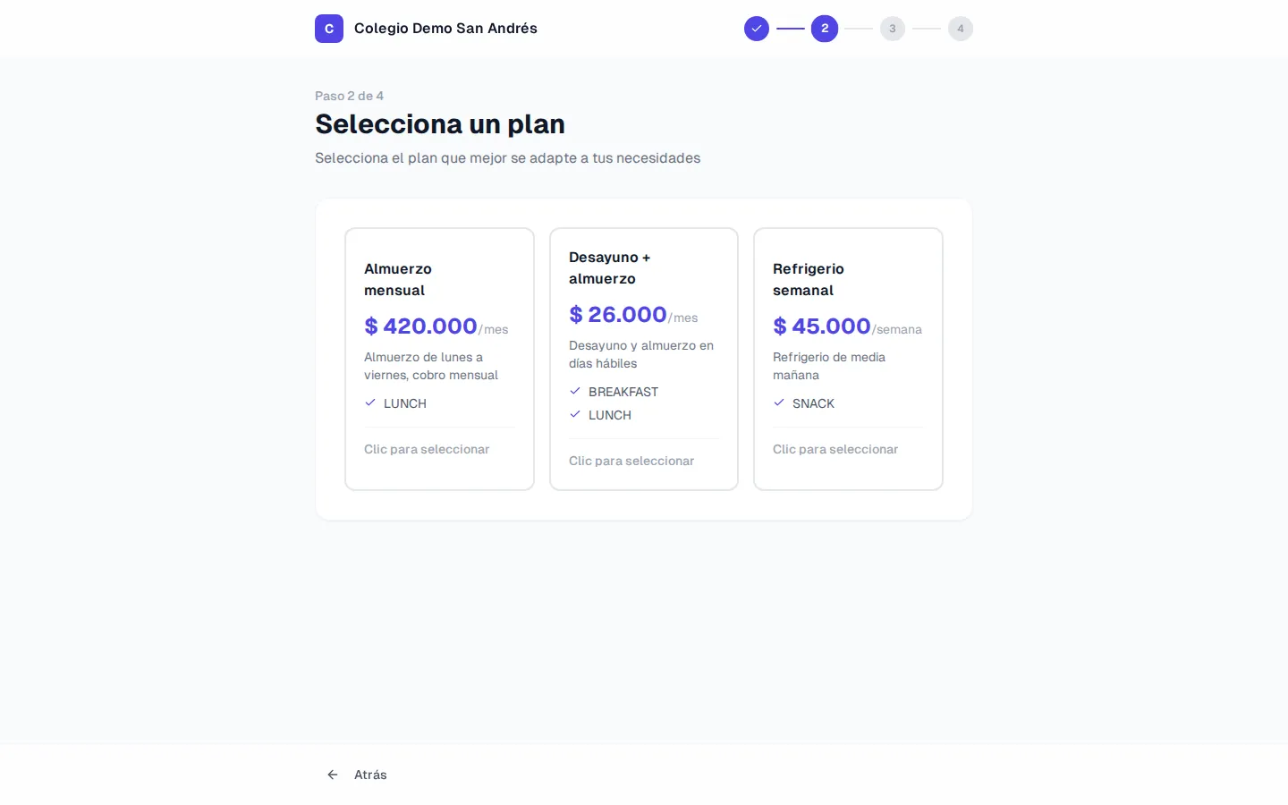 Plan step of the public registration: cards for the school's plans with price and included services