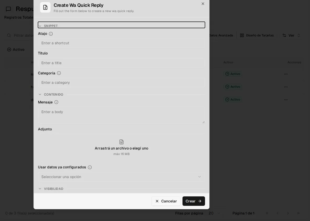 Formulario de una respuesta rápida: atajo, título, categoría, mensaje, adjunto y «Usar datos ya configurados»