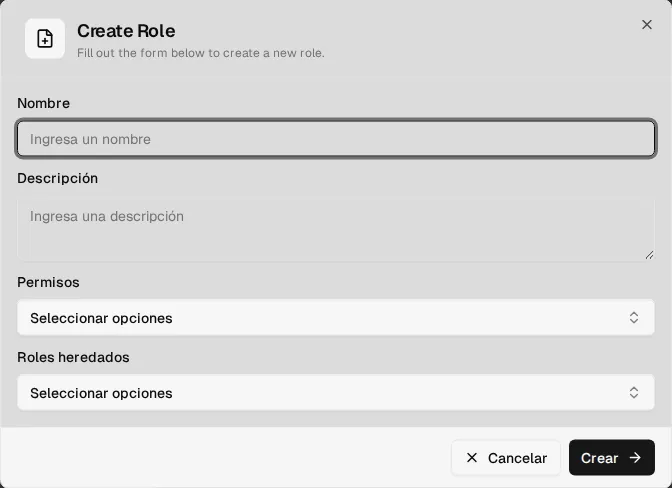 Form to create a role: name, description, permissions and inherited roles