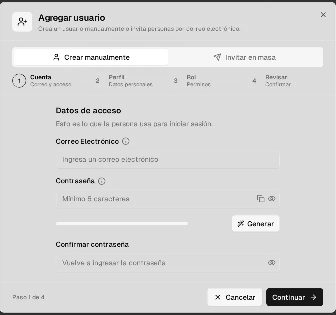 Add user, Create manually tab: Account step with email, password and the Generate button