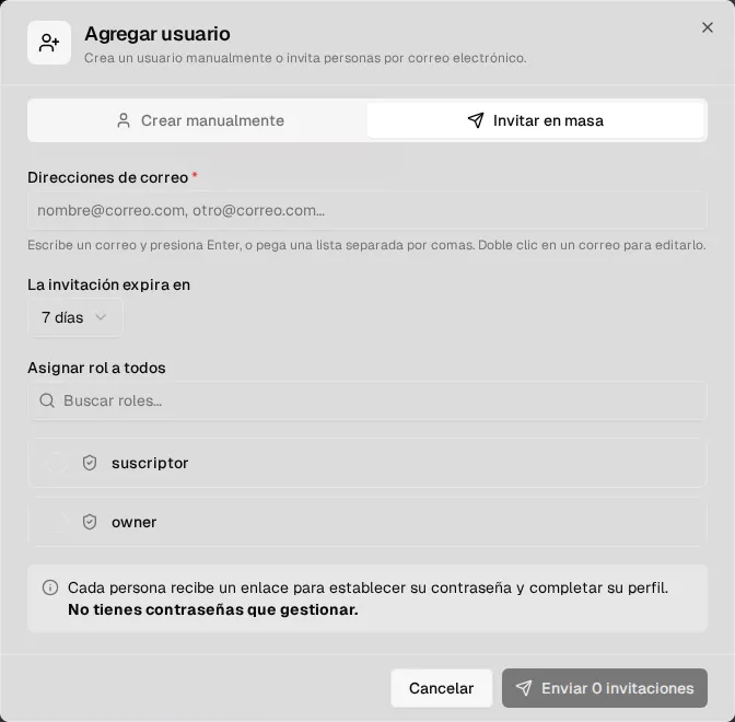 Add user, Invite in bulk tab: email addresses, invitation expiration and role for all