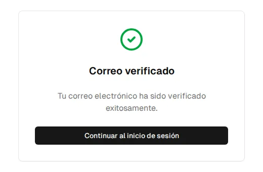 The "Email verified" screen with the Continue to login button